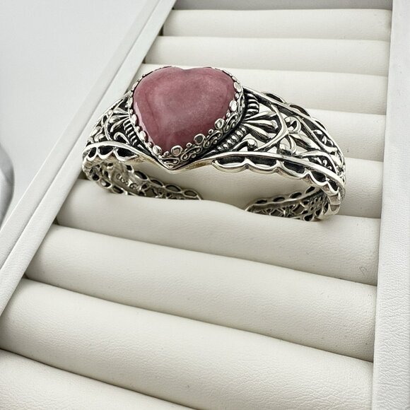 Carolyn Pollack Bracelet Pink Heart Rhodonite Cuff Sterling Silver Hinged 38g - Picture 3 of 15